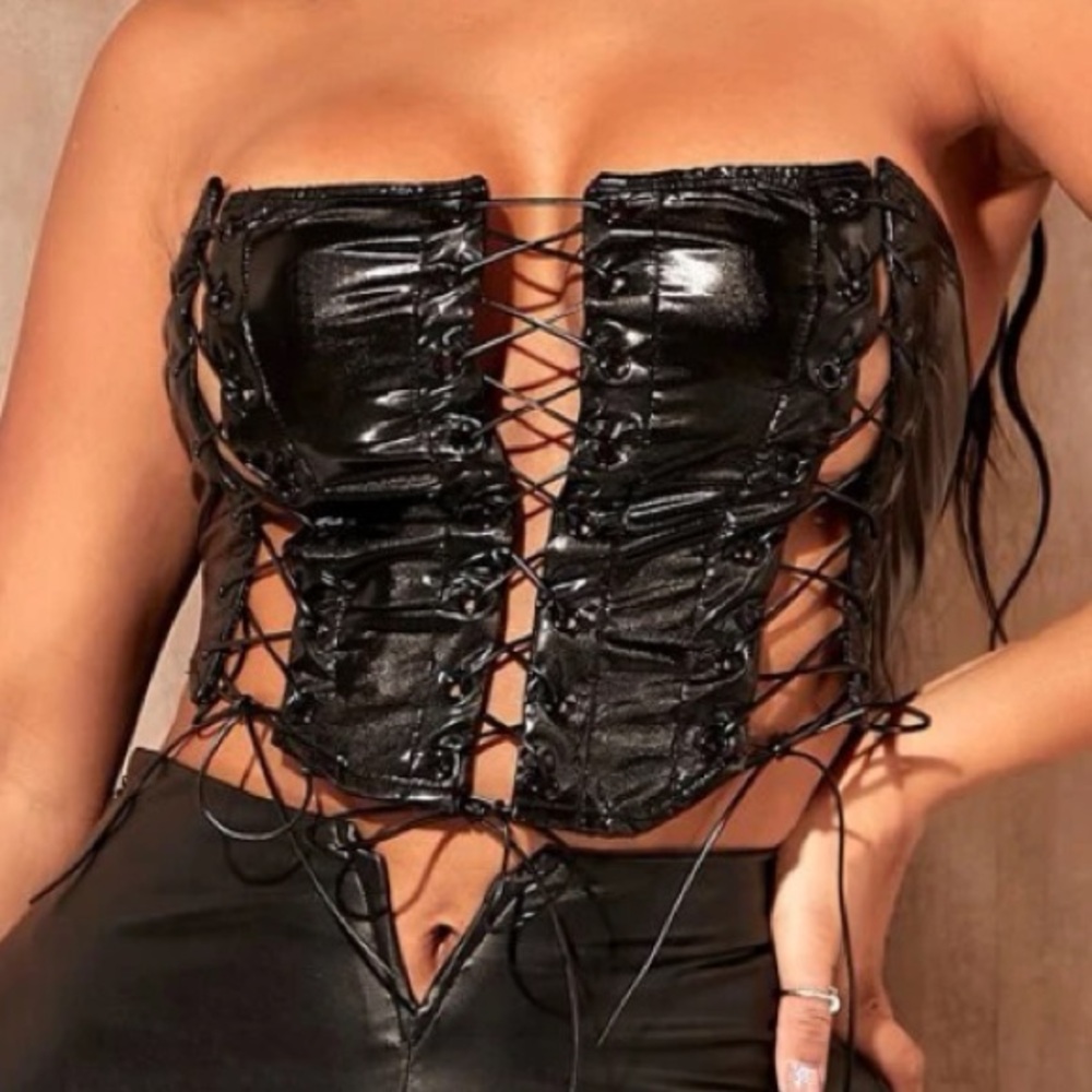 SEXY Lace Up PU Leather Tube Top